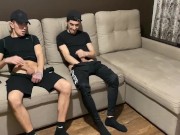 Preview 3 of Straight jerk off with twink gay friend in sportswear (blowjob and cum in mouth)