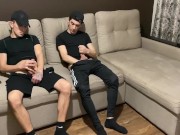 Preview 4 of Straight jerk off with twink gay friend in sportswear (blowjob and cum in mouth)