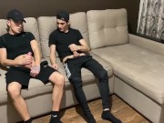Preview 6 of Straight jerk off with twink gay friend in sportswear (blowjob and cum in mouth)