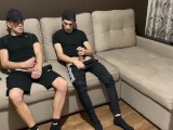 Straight jerk off with twink gay friend in sportswear (blowjob and cum in mouth)