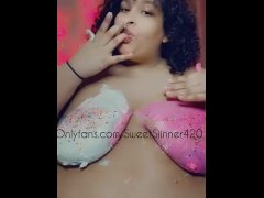 Licking up icing off my big tits 