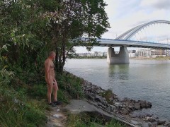 Naked under the Apollo bridge in Bratislava, Slovakia