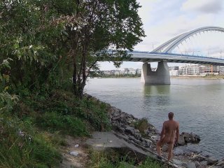 Naked under the Apollo bridge in Bratislava, Slovakia
