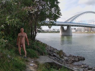 Naked under the Apollo Bridge in Bratislava, Slovakia