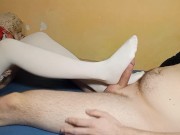 Preview 5 of Footjob with Handjob in White Stockings Causes Huge Cumshot