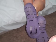 Spraying sperm on the soles my GFs purple ankle socks