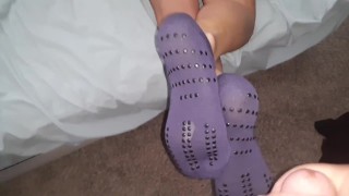 Spraying sperm on the soles my GFs purple ankle socks