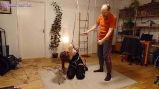 Shibari: Girl tied up, suspended & toyed with; Nipple clamps, Real couple & actual play