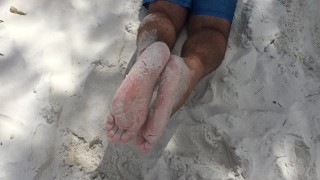 Public beach Footjob POV - Imagine your dick in between my male soles and feet - Manlyfoot roadtrip