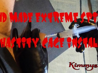 Extreme spiked chastity cage installation