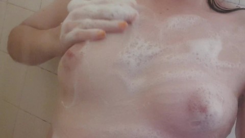Playing with my soapy tits and pussy, water running down my body