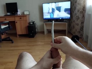 Cumshot through penis urethral plug with glans_ring (slow motion_cumshot)