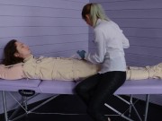 Preview 4 of Figging with ginger and Foley bladder catheterization into bondage body bag. Medical play.