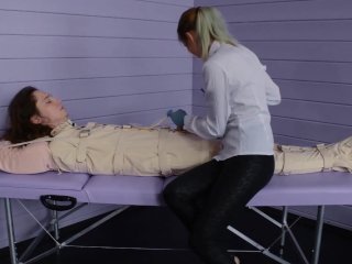 Figging with Ginger and Foley Bladder Catheterization Into Bondage BodyBag. Medical_Play.