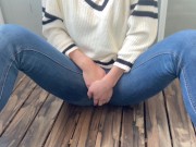 Preview 1 of The wife of jeans waiting on the veranda in the cold can't stand the pee and pees little by little