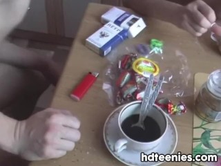 Teen Couple licks her tits and blowjob the guy