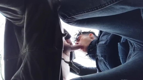 Sucking cock till cum drips out of mouth - view from below