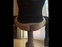 Sissy training: slut in chastity having fun on huge anal toys, multiple sissygasms