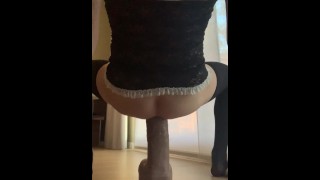 Sissy training: slut in chastity having fun on huge anal toys, multiple sissygasms