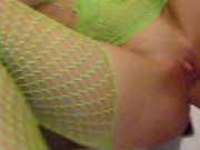 Preview 1 of Tight young pussy fucked in neon green fishnet bodystocking
