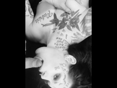 Tattooed ts gives blowjob