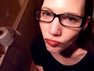 Nerdy librarian with glasses loves to drink piss