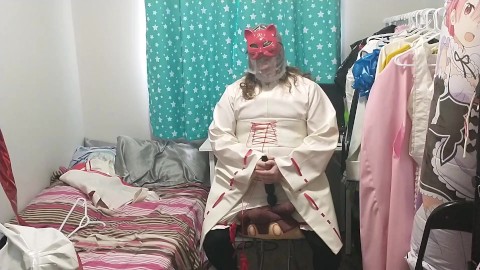 PVC Cat Priestess Miko Sissy Cosplay does Breathplay and Vibrator