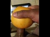 Jerking off with wet juicy grapefruit til I bust a huge load of cum