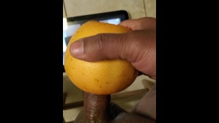 Jerking off with wet juicy grapefruit til I bust a huge load of cum