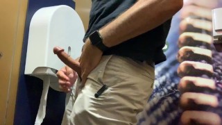 Horny so I jerk-off between trains in the toilet and cum. Bulge in my pants at end