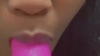 Teen sucks pink dildo wishes it was daddy’s cock