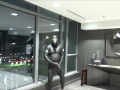 hotel movie part 6 - changed into new wetsuit & gasmask frogman cums at elevator windows