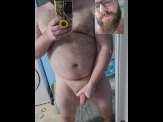 Chubby Nerd Strokes Thick Cock until Cum Shoot out in Mirror