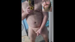 Chubby Nerd Strokes Thick Cock until Cum shoots out in mirror