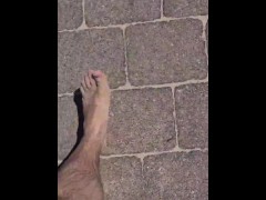FTM hairy bare feet wandering through public beach & getting cleaned 