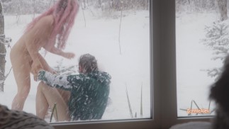 Playful sex after a snowball fight in our robes, we ran inside laughing