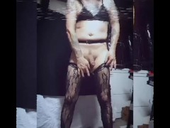 Tall Leggy Crossdresser plays with dildo in the garage