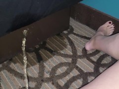 Naughty MILF strong piss on hotel carpet and bed