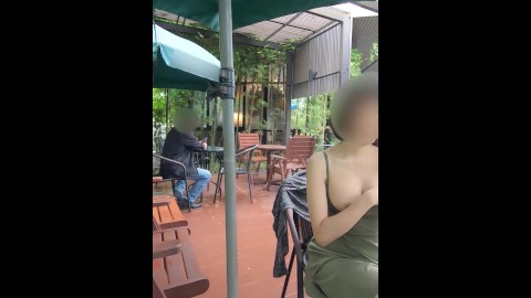 Public flashing in the cafe without panties.