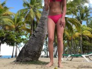 Preview 5 of Crazy girl pissing on a public beach right in her panties Wetted her panties and went to sunbathe