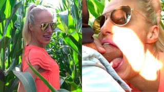 Blonde bebé con un vestido sexy y gafas de sol es follada en el campo de maíz | Saliva Bunny | Teaser