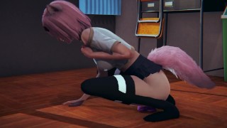 Neko schoolmeisje masturbeert met een roze dildo