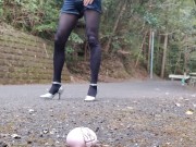 Preview 1 of Short shorts black tights leather Japanese crossdress outdoor high heel pumps masturbating crush