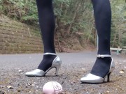 Preview 2 of Short shorts black tights leather Japanese crossdress outdoor high heel pumps masturbating crush