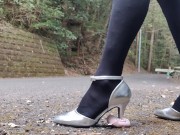 Preview 3 of Short shorts black tights leather Japanese crossdress outdoor high heel pumps masturbating crush