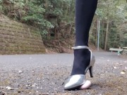 Preview 6 of Short shorts black tights leather Japanese crossdress outdoor high heel pumps masturbating crush