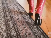 Preview 3 of Bianca Beauchamp Latex Catsuit and Plastic Mac PVC Raincoat and rubber thigh-high boots strutting