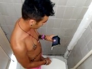 Preview 1 of Showing off cock - Friend is recording my jerk off in toilet at pool