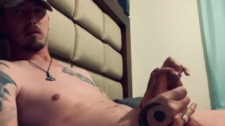 Tattooed Cowboy solo masturbate big cock until cum