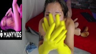 Asian bitch performs a good deep throat Much saliva and gloves